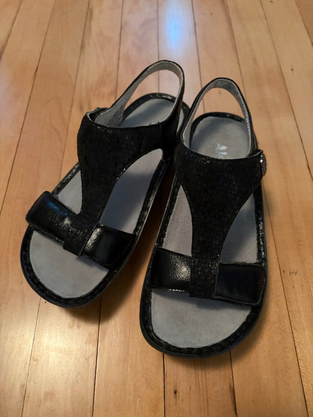 Alegria Kendra T Strap Black Patent Snake Sandals size 36